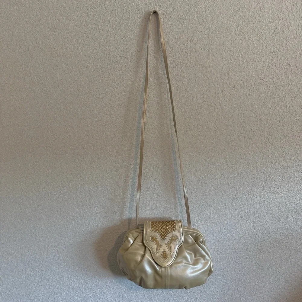 Sharif Champagne Gold Leather Handbag 11x7x4 Inches